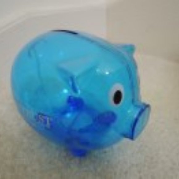 Piggy Bank - Coin Insert + Stopper Blue Transparent Plastic Pig - Bank Promo - Picture 2 of 9
